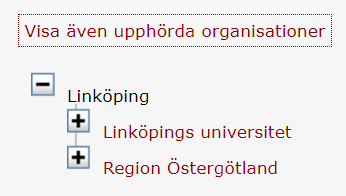 Image of the links that are hierarchical with the text: Linköping, Linköpings universitet, Region Östergötland